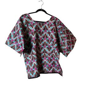 AFRICAN WAX PRINT striking aqua magenta& gold print wide 1/2 sleeve cotton top